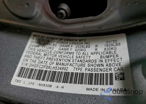 2020 Honda Civic Lx z USA, uszkodzony, nr VIN 2HGFC2F6XLH534892